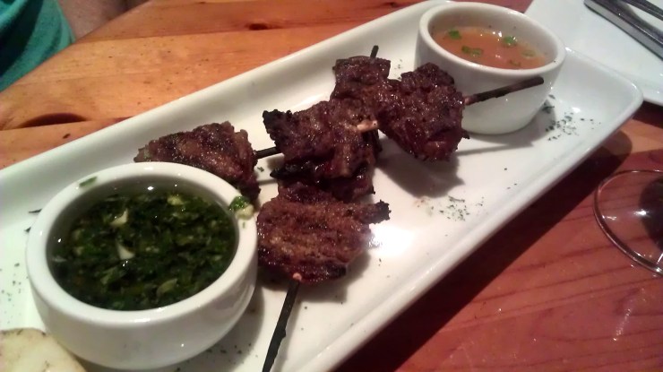 Anticuchos are skewered, marinated chunks of beef heart. Yummy!