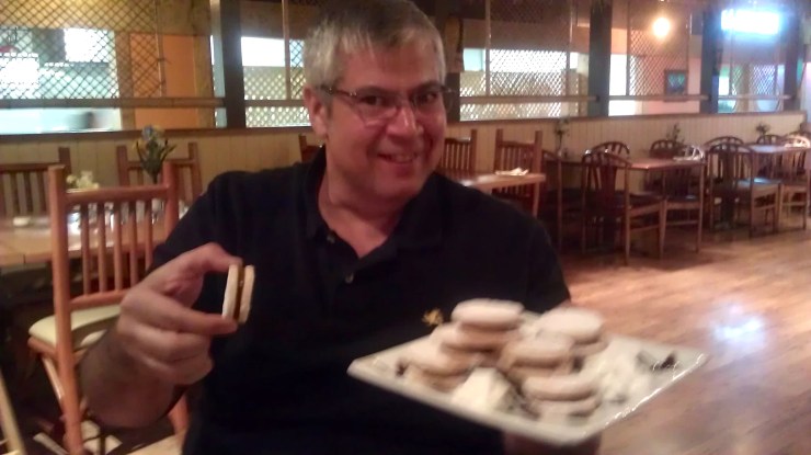 My brother models a mini-alfajor.