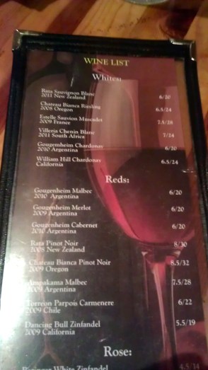 The wine list at Casa Inka in Fountain Valley, Calif. features Malbecs and New Zealand Pinot Noirs, among other choices.